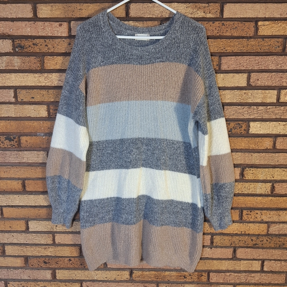 Altar'd State Medium Colorblock Striped Gray and Tan Sweater Dress